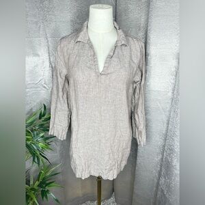 NEW TAHARI Women’s Linen Long Sleeve Collared Tunic Top in Taupe Sz M